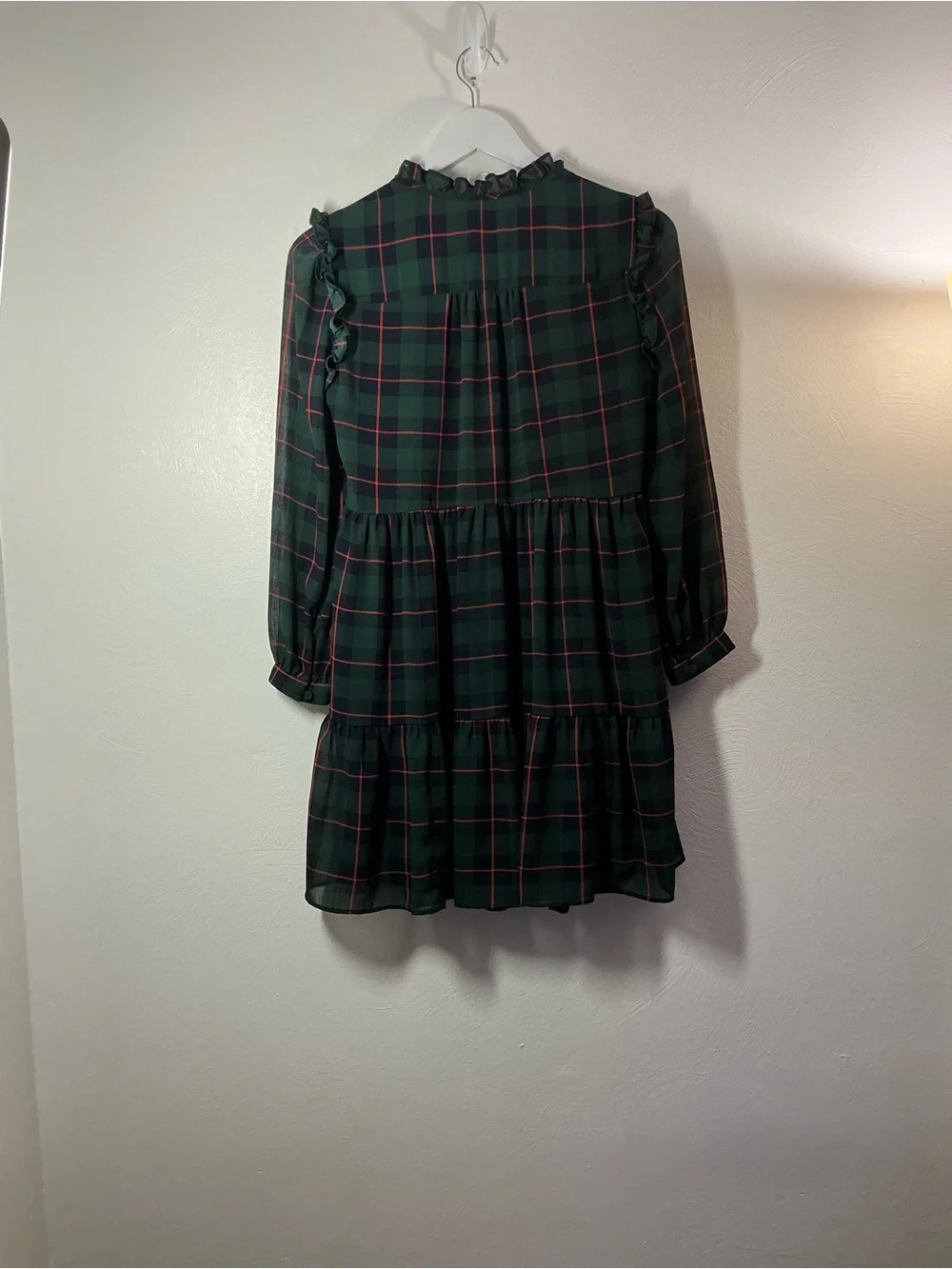 J. Crew Dark Green Plaid Ruffle-Trim Tiered Dress Size Small Petite